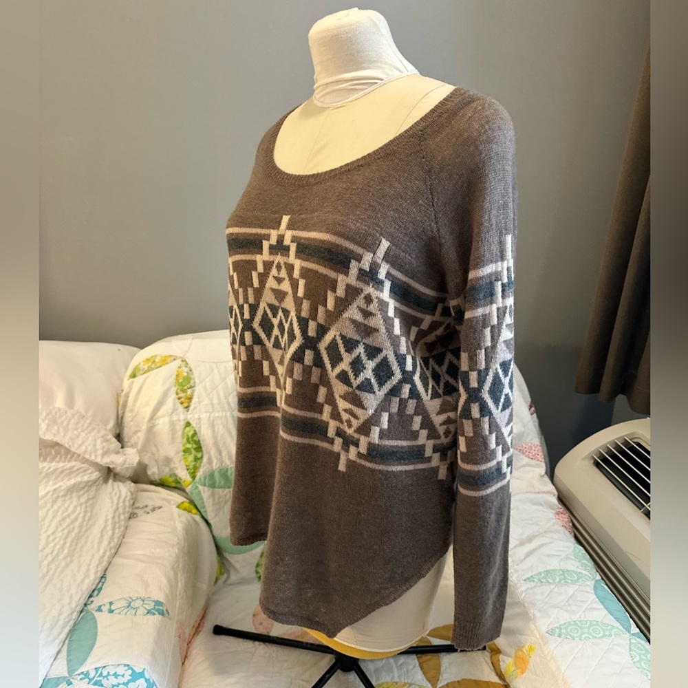 Joie Brown Grey Aztec Boho Brenda Geometric Wool Cashmere Sweater S M L - Picture 12 of 15